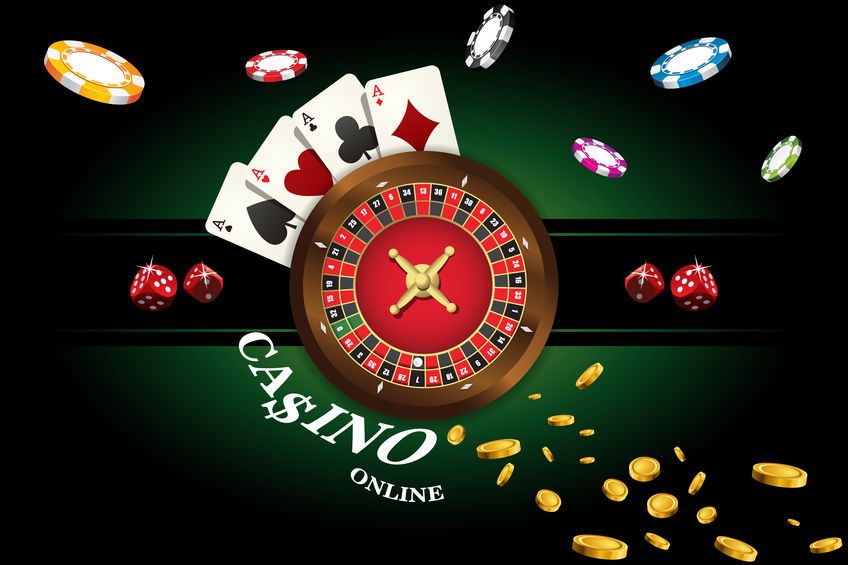 Casino background with roulette, dice, casino chips, playing cards for poker. Vector illustration