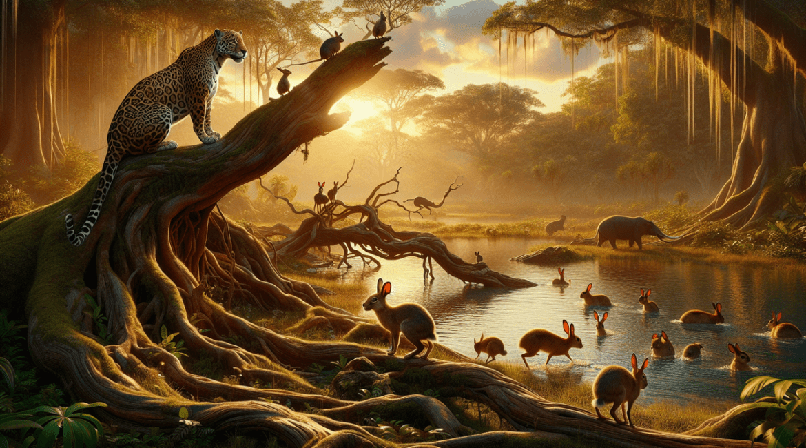 Mammifère en J dans une jungle luxuriante au coucher du soleil. Un jaguar sur un arbre, des jackrabbits jouant près d'une mare, une souris Java mouse-deer. Qualité photo réaliste. Contraste entre sujet et arrière-plan flou pour effet 3D.