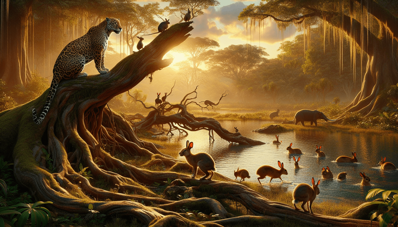 Mammifère en J dans une jungle luxuriante au coucher du soleil. Un jaguar sur un arbre, des jackrabbits jouant près d'une mare, une souris Java mouse-deer. Qualité photo réaliste. Contraste entre sujet et arrière-plan flou pour effet 3D.