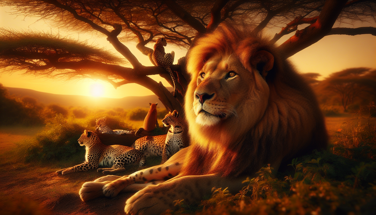 Mammifères en L dans savane africaine, lion majestueux, léopards, lynx et lémurs.