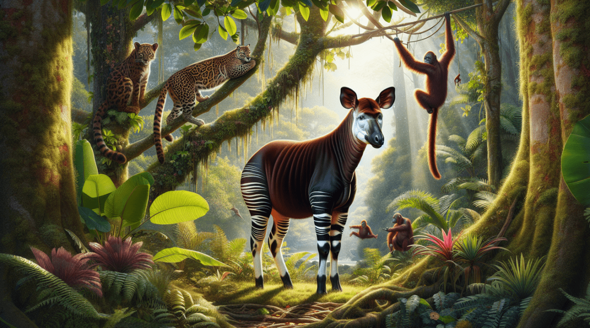 Okapi, Ocelot et Orang-outan dans une forêt tropicale.