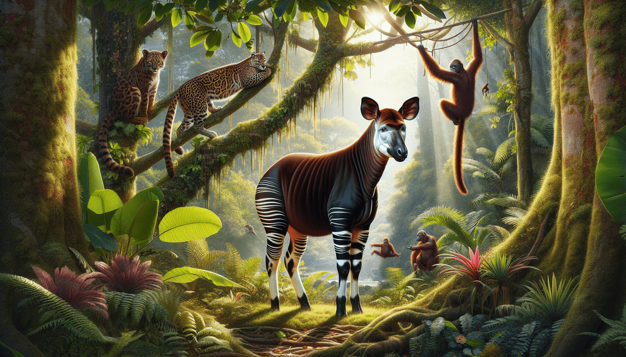 Okapi, Ocelot et Orang-outan dans une forêt tropicale.