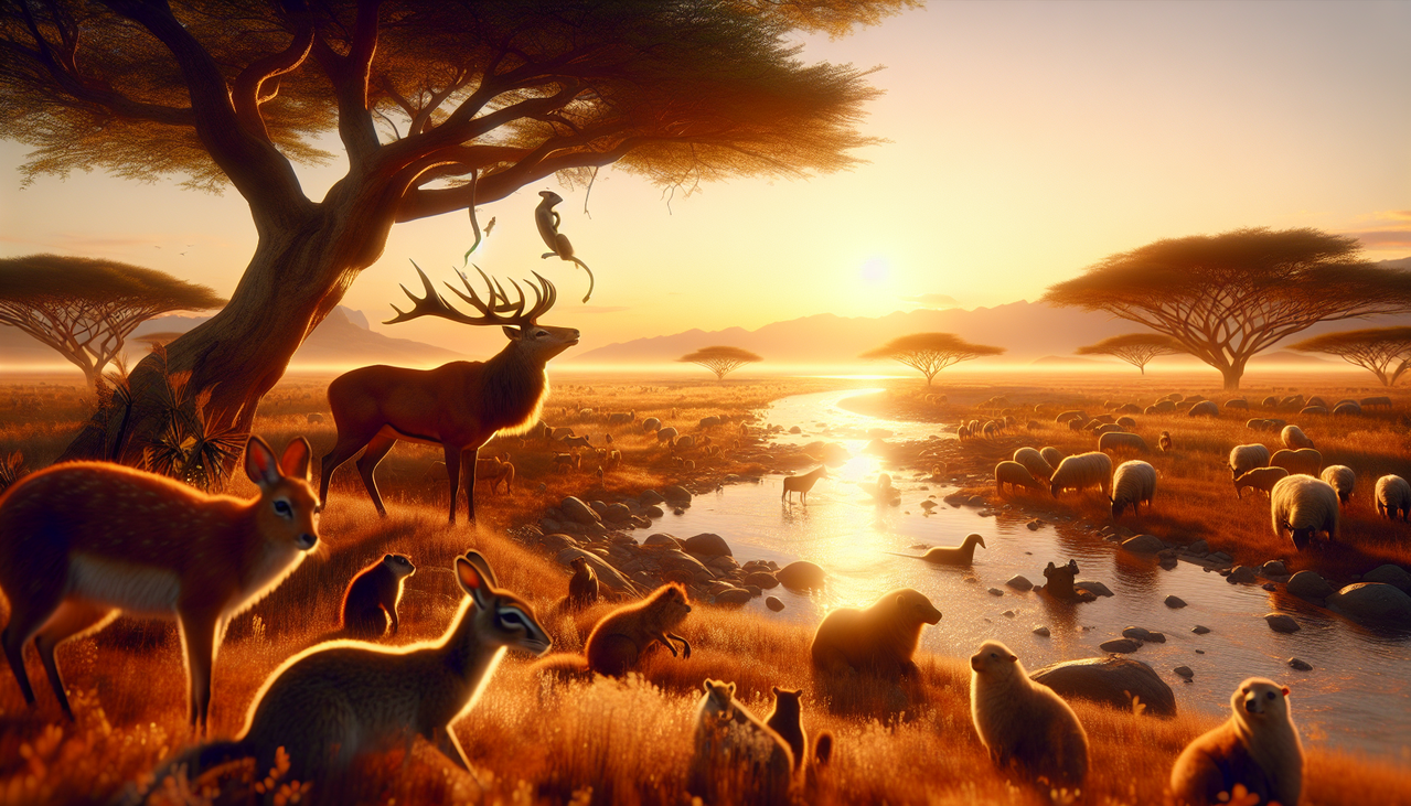 Mammifère en S dans une savane au coucher du soleil, avec un cerf, un écureuil, des lions de mer et des moutons.