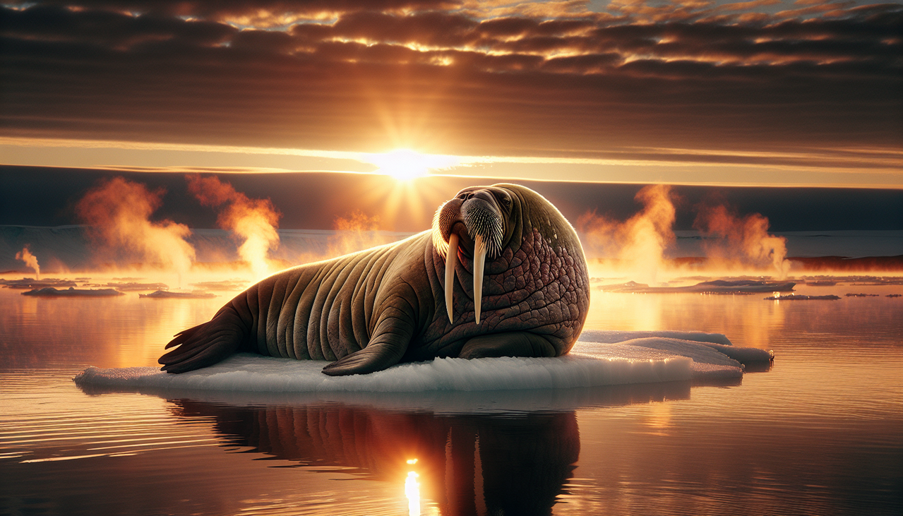 Mammifère en W : Walrus serein sur un iceberg, défenses brillantes reflétant le soleil, entouré d'une brume légère en Arctique.