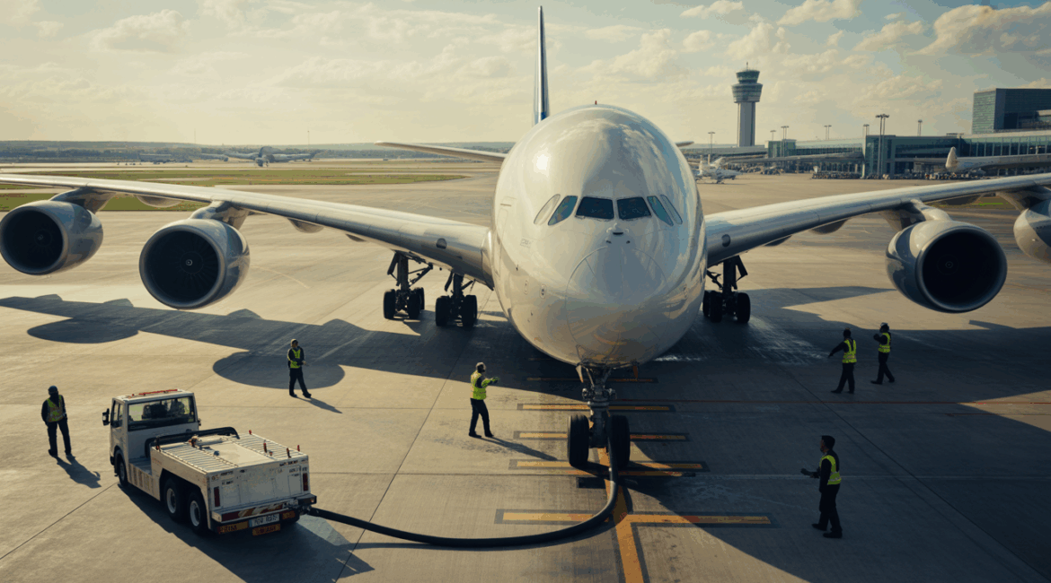 Scène réaliste d’un Airbus A380 en train d’être ravitaillé sur le tarmac d’un aéroport international avec les équipes au travail et les détails authentiques du lieu.