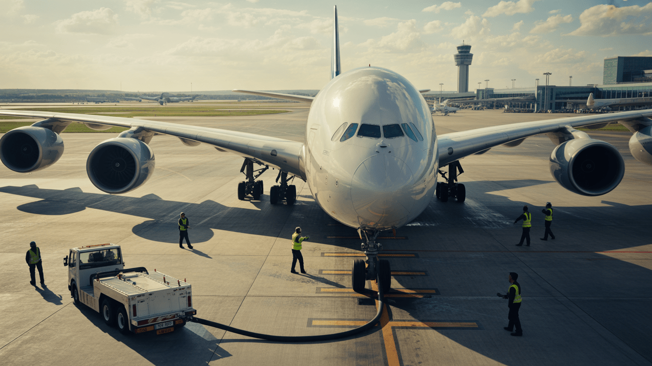 Scène réaliste d’un Airbus A380 en train d’être ravitaillé sur le tarmac d’un aéroport international avec les équipes au travail et les détails authentiques du lieu.