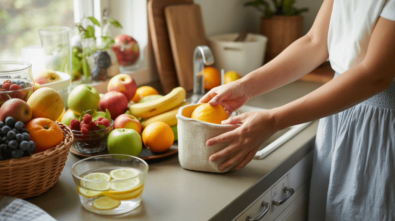 Cuisine naturelle éclairée par la lumière du jour avec des fruits frais bien conservés sur un plan de travail et des mains les manipulant avec soin.