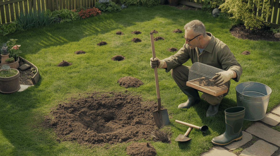 Un jardin verdoyant avec des taupinières naturelles et un jardinier observant le sol, tenant un piège écologique à taupes, dans une scène réaliste et authentique.