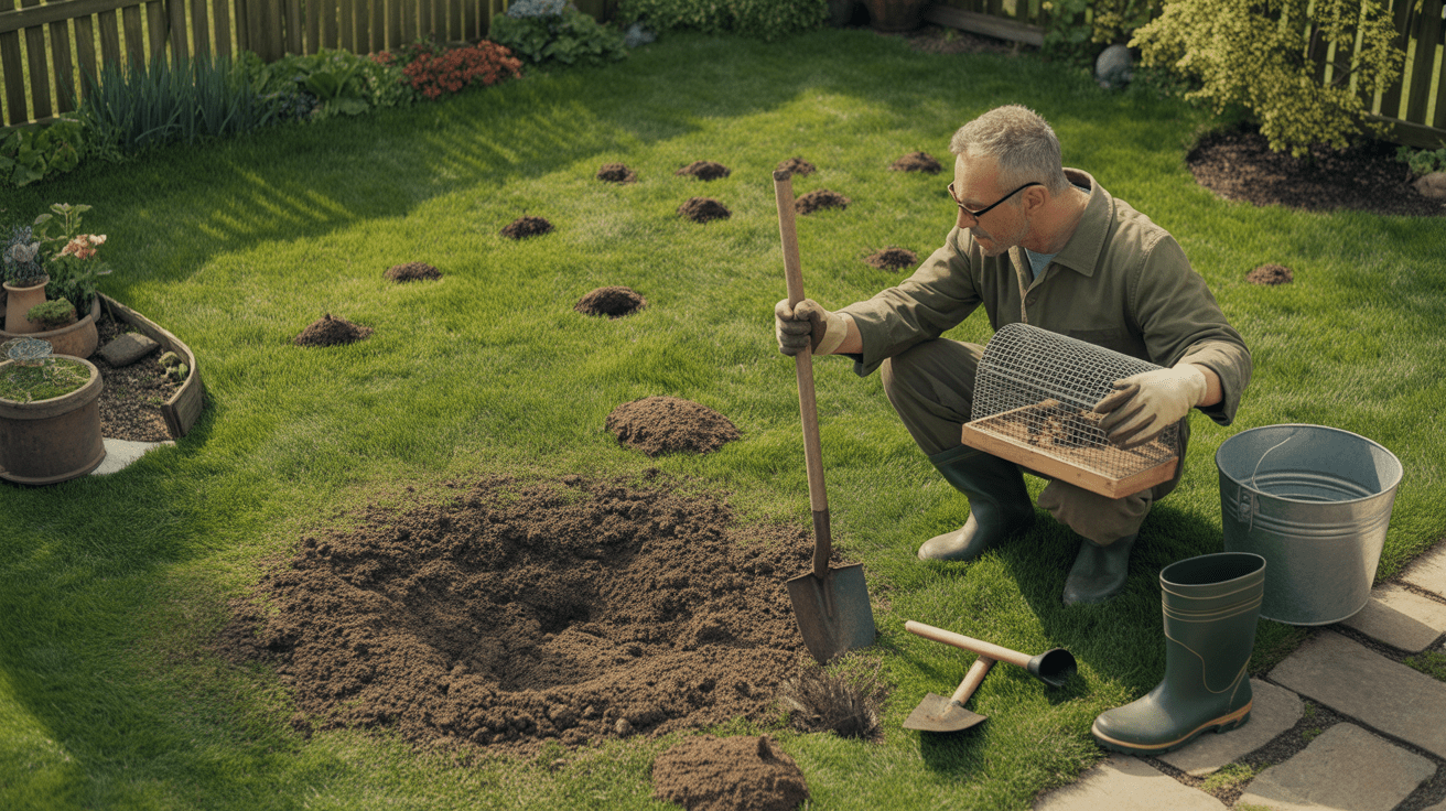 Un jardin verdoyant avec des taupinières naturelles et un jardinier observant le sol, tenant un piège écologique à taupes, dans une scène réaliste et authentique.
