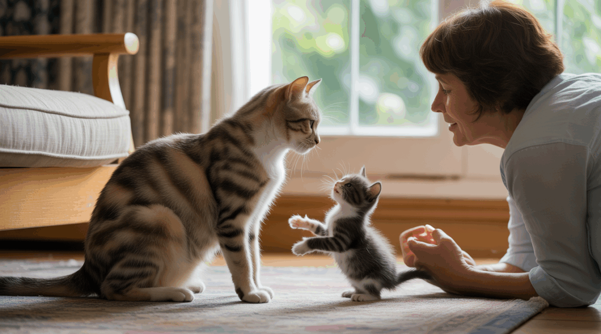 Une personne assise dans un salon chaleureux observant un chat adulte et un chaton, illustrant la différence d'âge entre les chats et les humains de manière réaliste et naturelle.