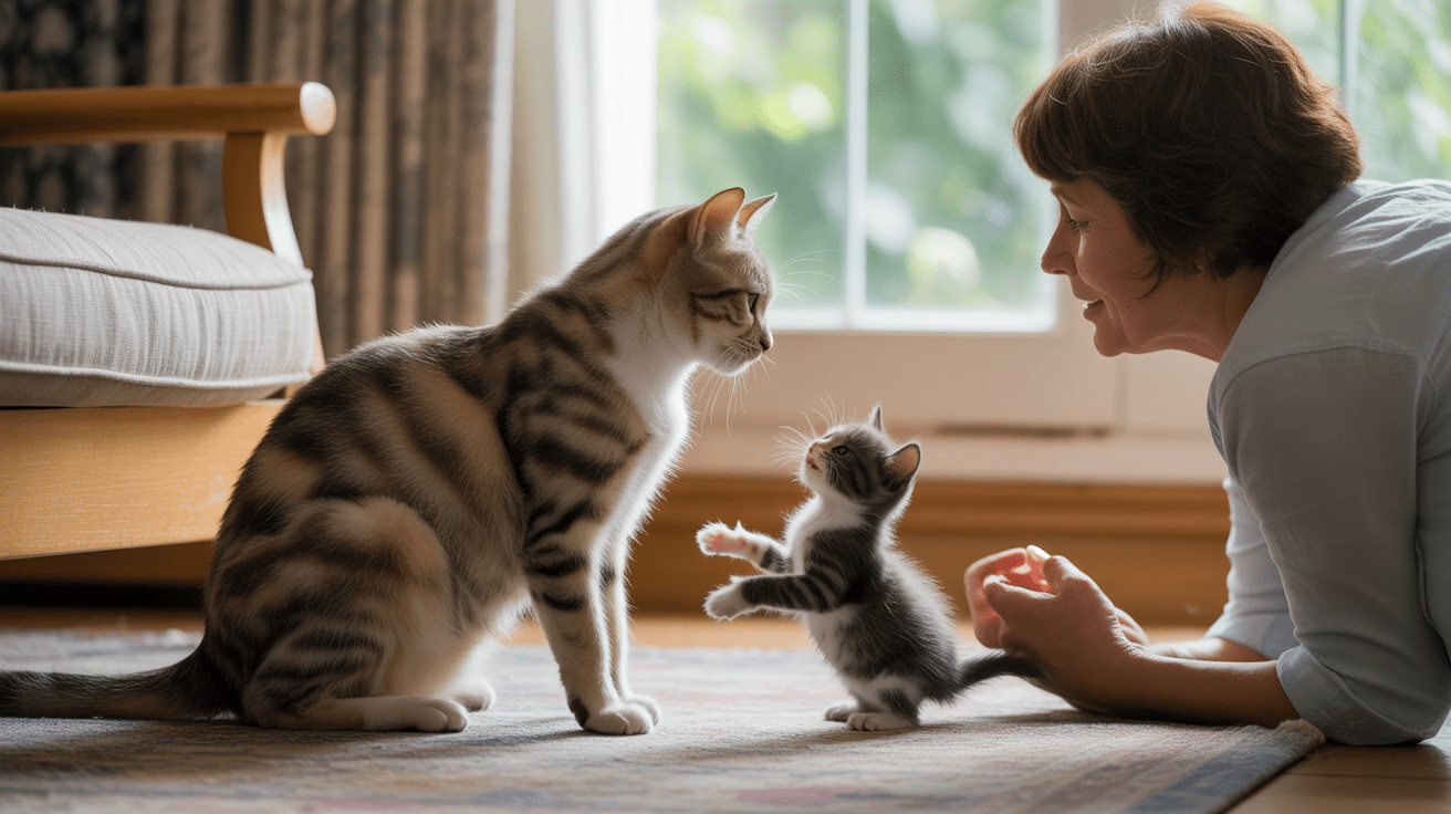 Une personne assise dans un salon chaleureux observant un chat adulte et un chaton, illustrant la différence d'âge entre les chats et les humains de manière réaliste et naturelle.