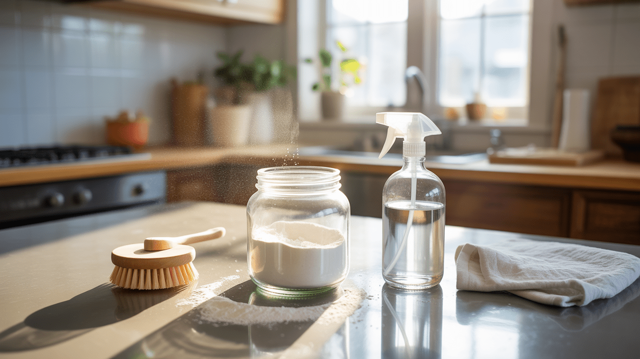 Scène réaliste et lumineuse d’une cuisine avec un bocal de bicarbonate de soude, des outils de ménage naturels et une ambiance authentique.