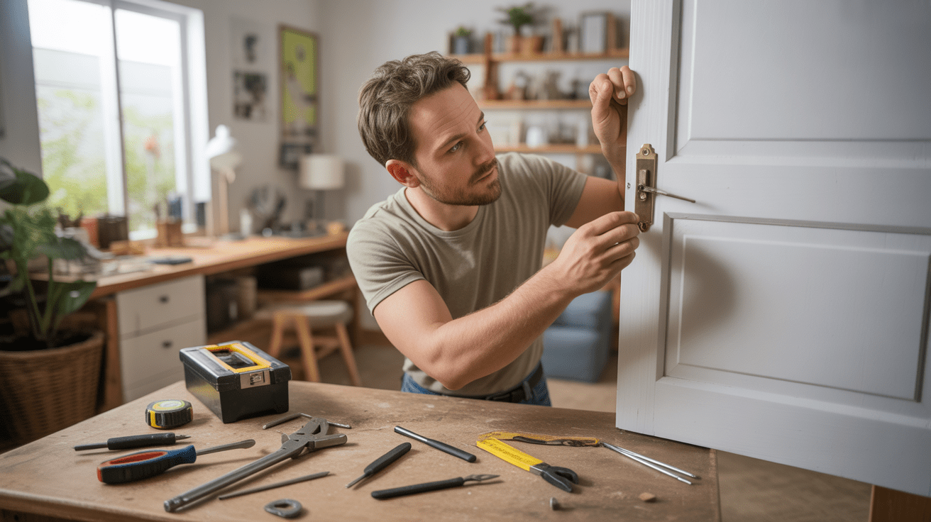 Scène réaliste d’une personne effectuant de petites réparations domestiques dans un atelier maison lumineux et naturel, avec outils et détails authentiques.