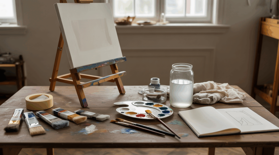 Scène réaliste d’un espace de peinture avec matériel authentique et lumière naturelle.