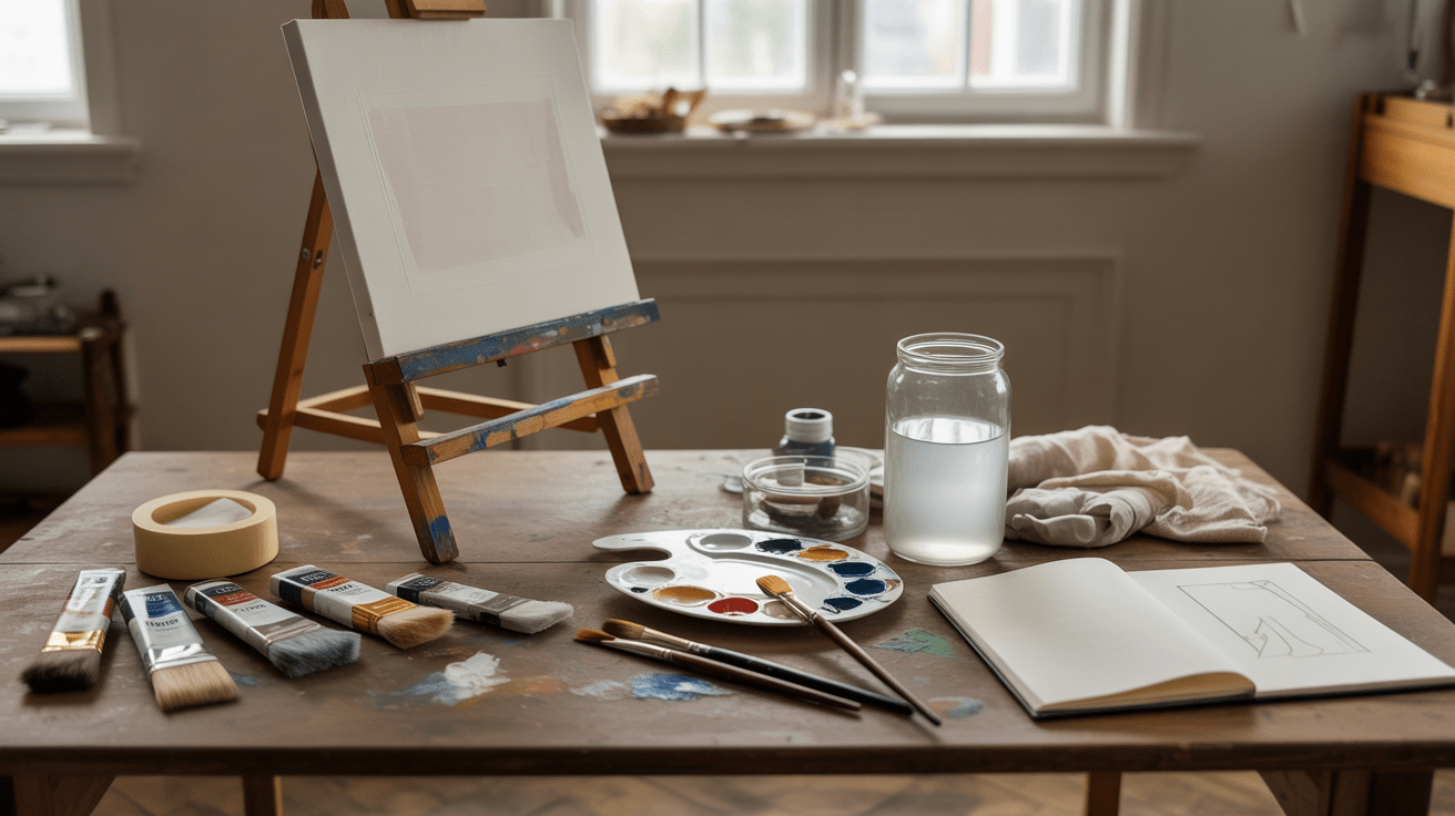 Scène réaliste d’un espace de peinture avec matériel authentique et lumière naturelle.