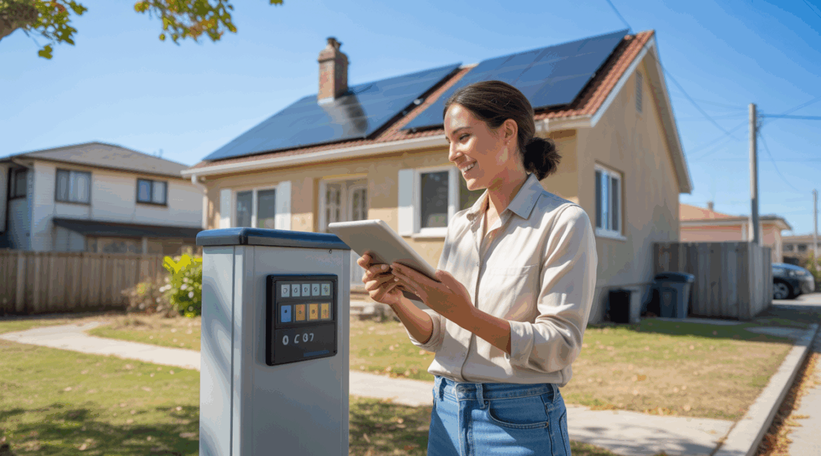 Maison réelle équipée de panneaux solaires avec un propriétaire consultant ses données d’autoconsommation, scène naturelle et réaliste.