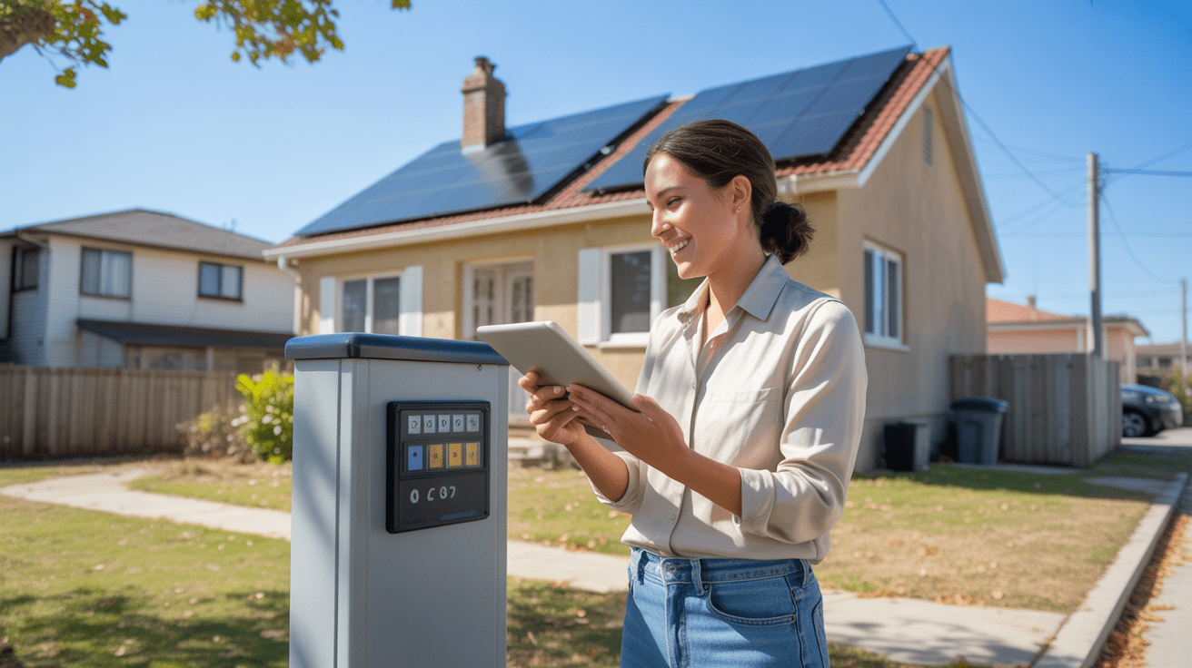 Maison réelle équipée de panneaux solaires avec un propriétaire consultant ses données d’autoconsommation, scène naturelle et réaliste.