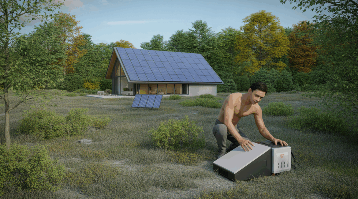 Maison moderne autonome grâce à des panneaux solaires, dans un paysage naturel avec une scène réaliste et authentique.