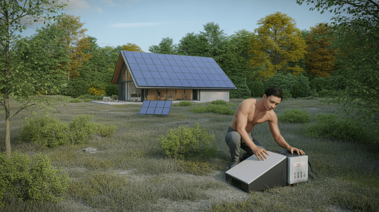 Maison moderne autonome grâce à des panneaux solaires, dans un paysage naturel avec une scène réaliste et authentique.