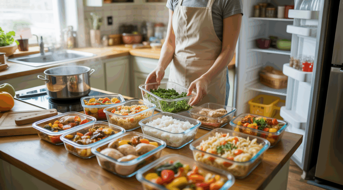 Cuisine familiale lumineuse montrant une scène réaliste de batch cooking avec des plats variés en préparation et des mains les organisant sur un plan de travail.