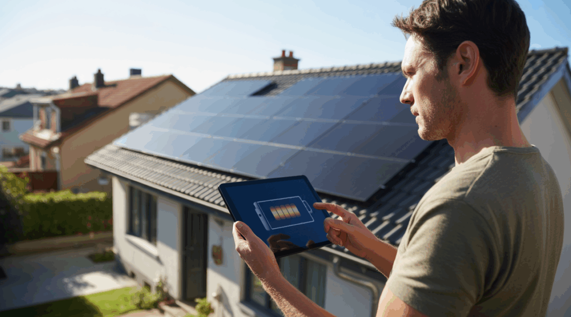 Scène réaliste montrant un propriétaire observant une interface de batterie virtuelle sur une tablette devant des panneaux solaires installés sur un toit dans un quartier résidentiel.