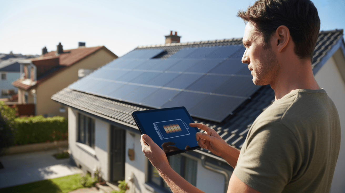 Scène réaliste montrant un propriétaire observant une interface de batterie virtuelle sur une tablette devant des panneaux solaires installés sur un toit dans un quartier résidentiel.