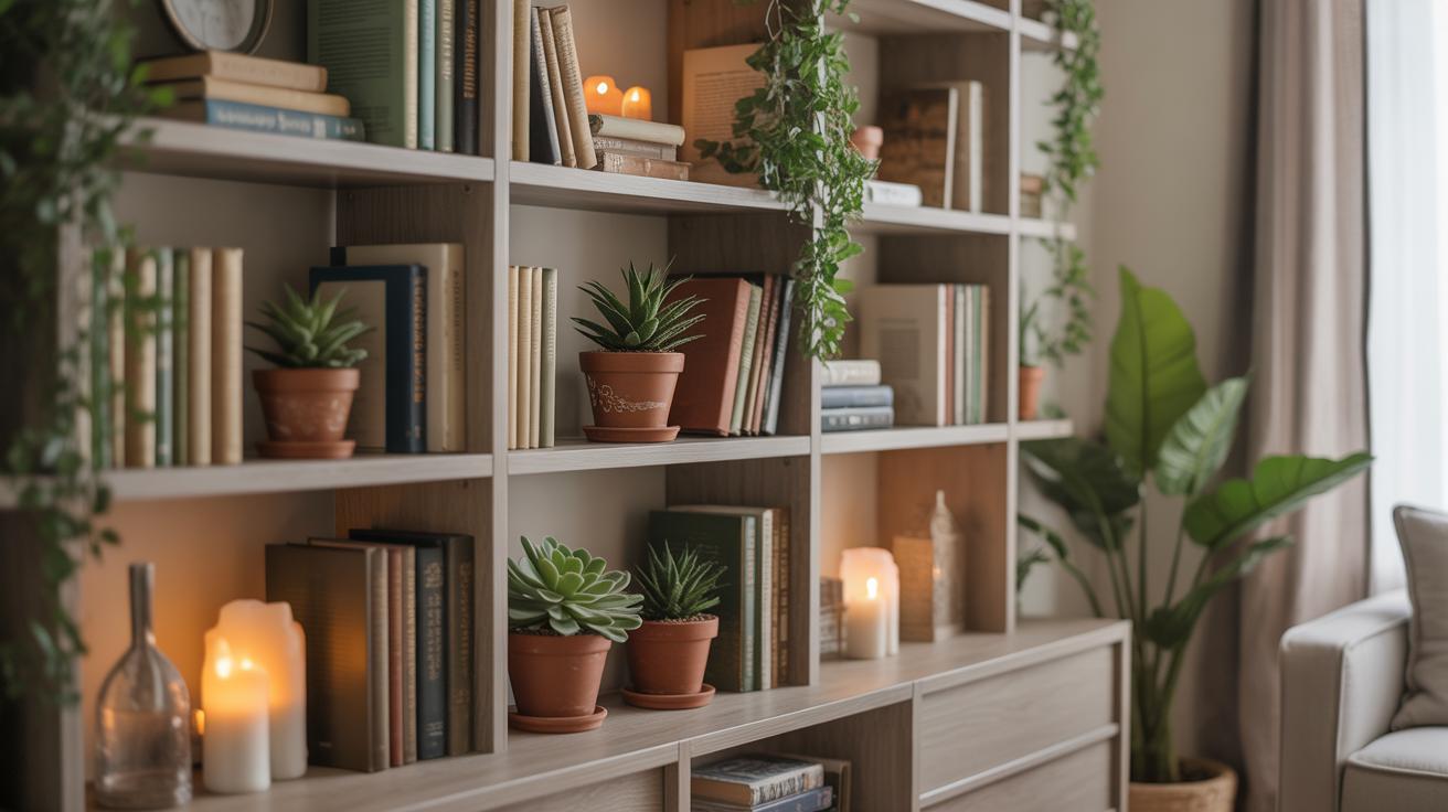 Bibliothèque décorée avec livres et plantes vertes