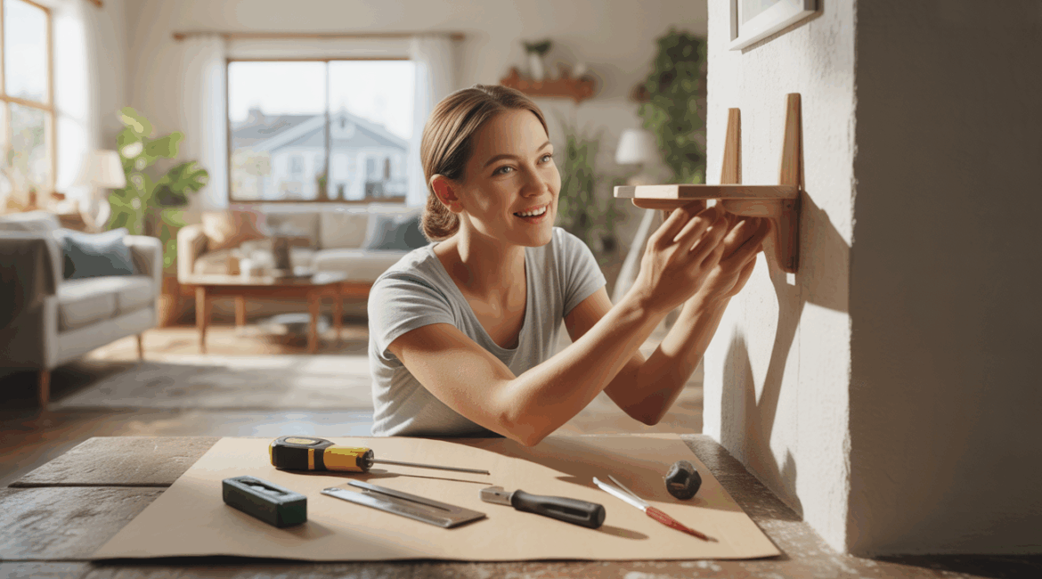 Scène réaliste d’une personne installant une petite étagère en bois dans un intérieur lumineux et naturel, entourée d’outils de bricolage simples.