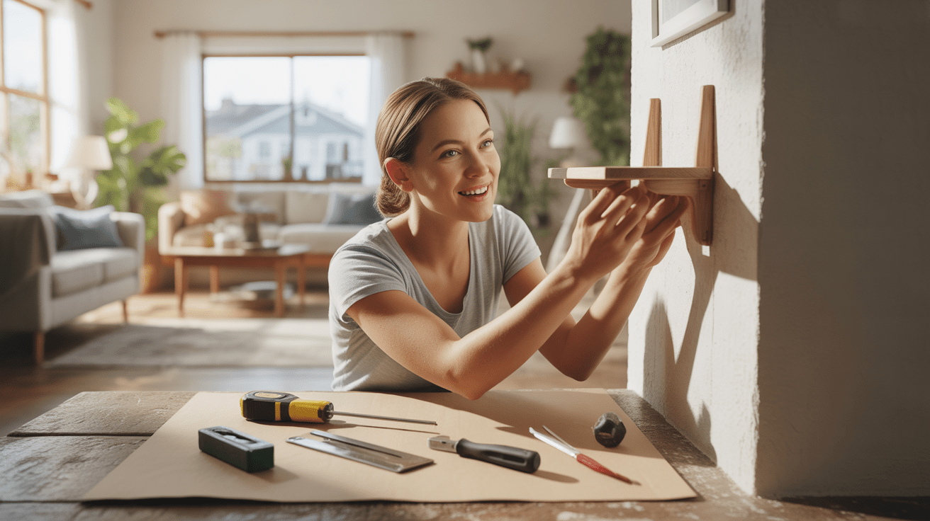 Scène réaliste d’une personne installant une petite étagère en bois dans un intérieur lumineux et naturel, entourée d’outils de bricolage simples.