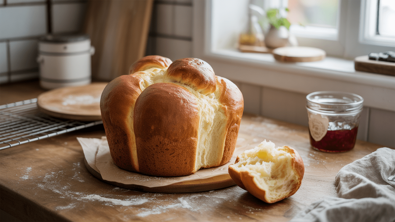 Brioche maison moelleuse posée sur une table en bois dans une cuisine naturelle et chaleureuse, avec lumière du matin et détails authentiques de pâtisserie.