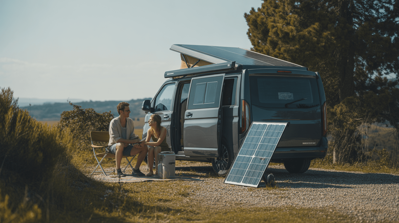 Scène réaliste d’un camping-car équipé de panneaux solaires en pleine nature, avec un couple installant leur campement.