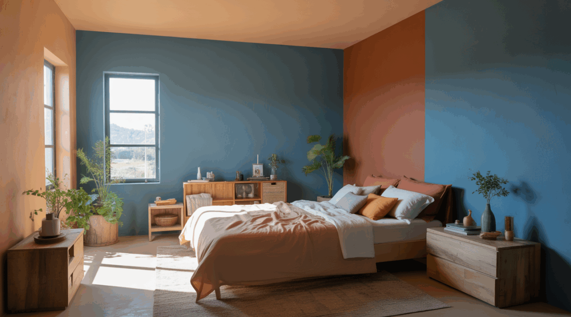 Chambre adulte réaliste avec murs peints en différentes couleurs créant des ambiances variées, éclairage naturel et décor authentique.