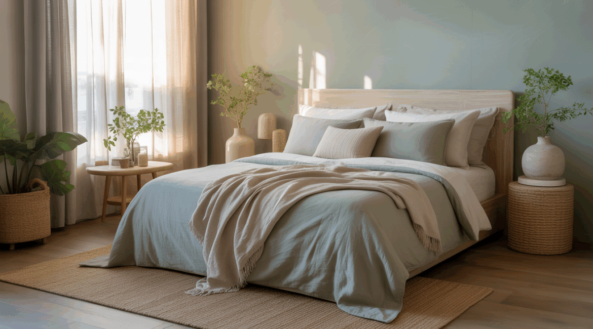 Chambre réaliste baignée de lumière naturelle avec une palette de couleurs apaisantes comme le vert sauge, le beige et le bleu doux, décorée avec des matières naturelles et une ambiance sereine.