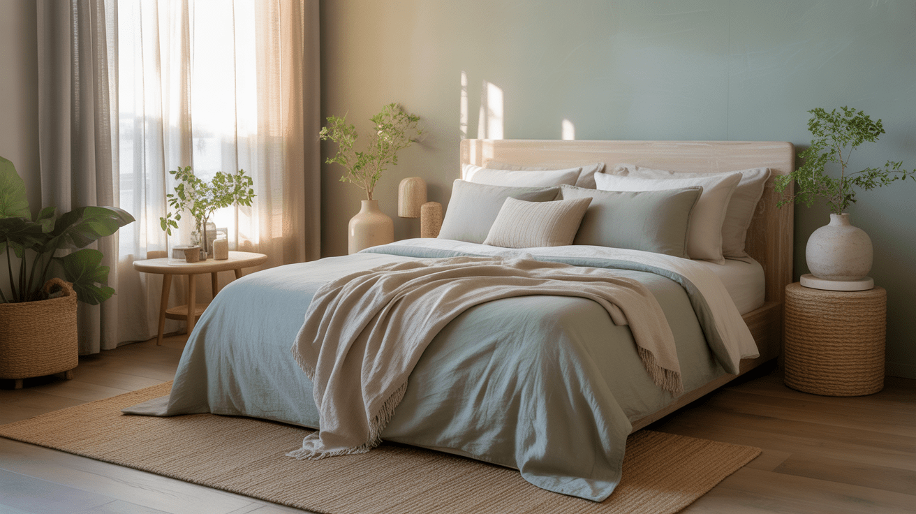 Chambre réaliste baignée de lumière naturelle avec une palette de couleurs apaisantes comme le vert sauge, le beige et le bleu doux, décorée avec des matières naturelles et une ambiance sereine.