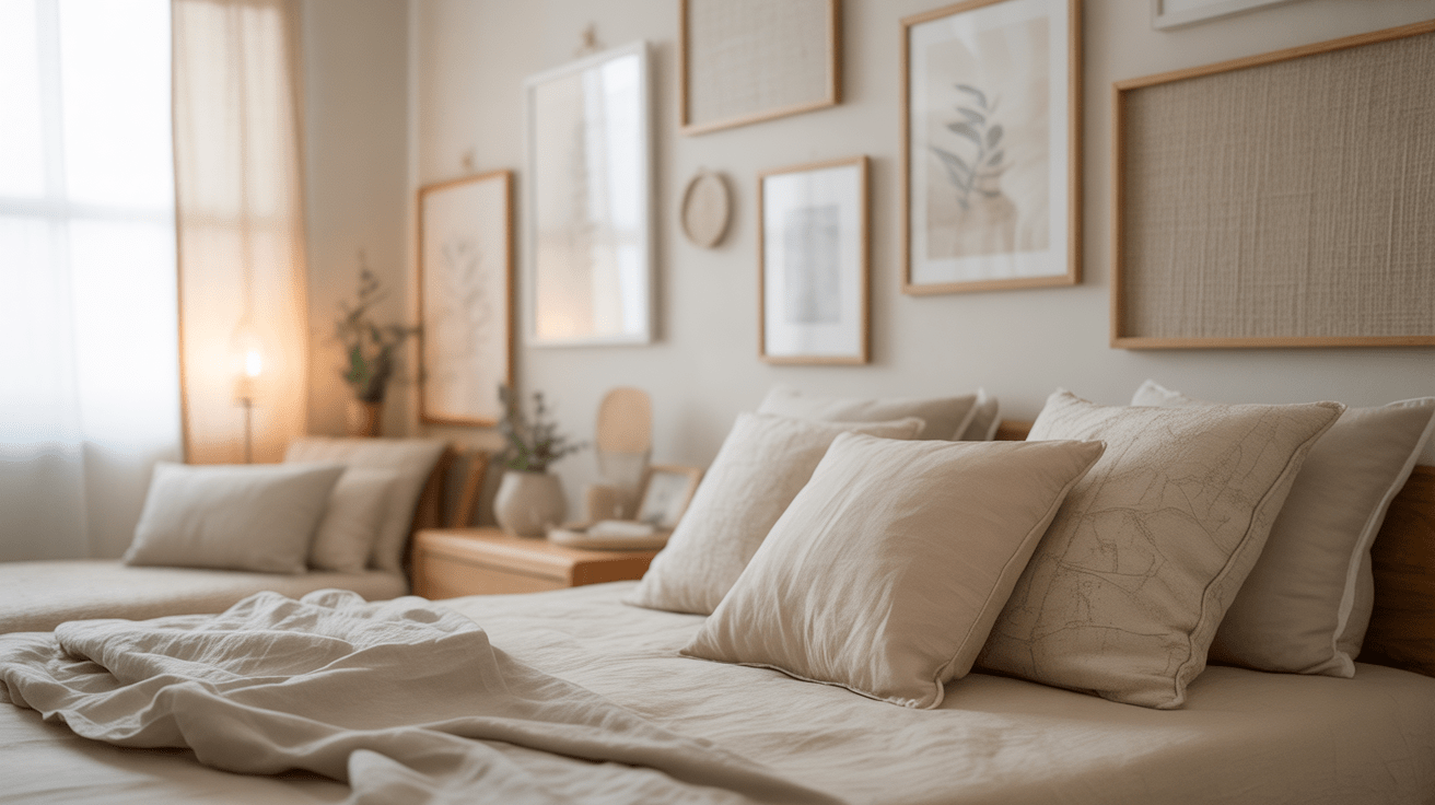 Chambre douce et apaisante avec une décoration murale naturelle et minimaliste