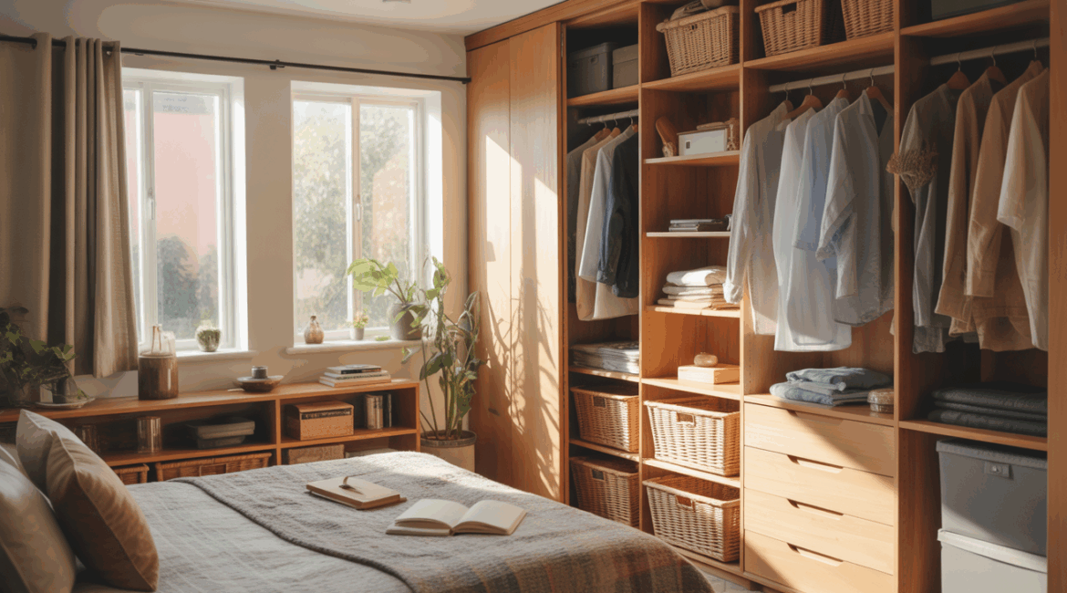 Chambre moderne et lumineuse avec rangements esthétiques et pratiques, ambiance naturelle et réaliste.