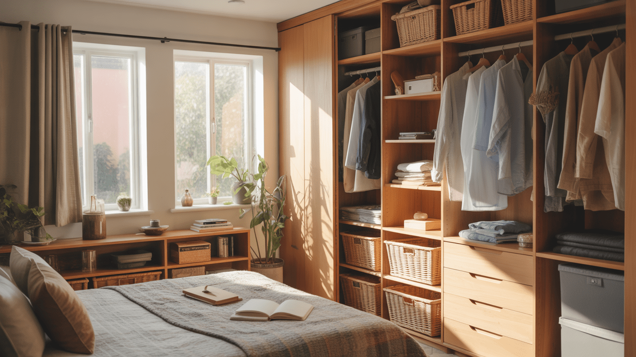 Chambre moderne et lumineuse avec rangements esthétiques et pratiques, ambiance naturelle et réaliste.