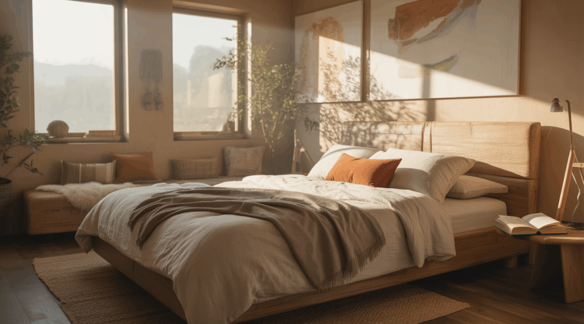 Chambre adulte cocooning réaliste avec matières naturelles, lumière douce et ambiance chaleureuse.