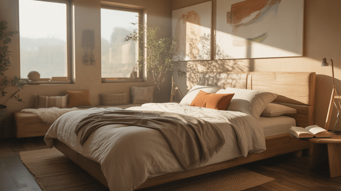 Chambre adulte cocooning réaliste avec matières naturelles, lumière douce et ambiance chaleureuse.