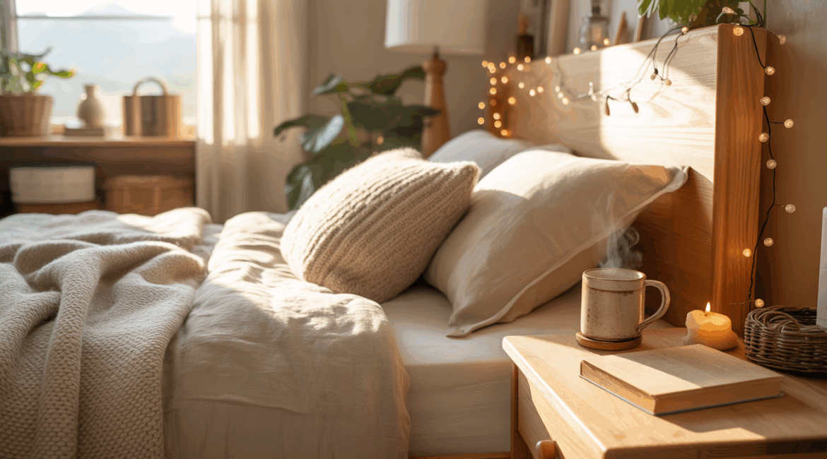 Chambre cocooning douce et apaisante avec lumière naturelle, matières naturelles et ambiance chaleureuse.