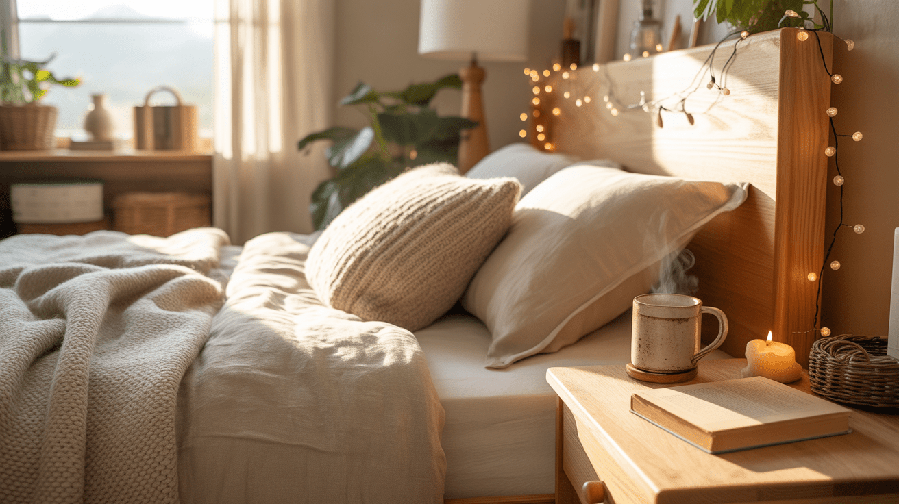 Chambre cocooning douce et apaisante avec lumière naturelle, matières naturelles et ambiance chaleureuse.