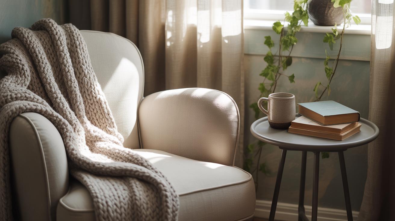 Coin de chambre cosy avec fauteuil crème et lumière naturelle douce