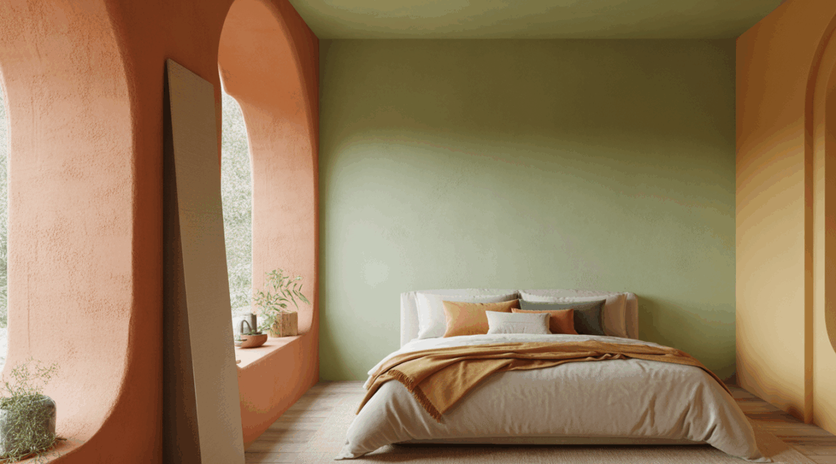 Chambre moderne aux couleurs tendance de 2026, avec murs argile, vert sauge et touches ocre, ambiance réaliste et lumineuse.