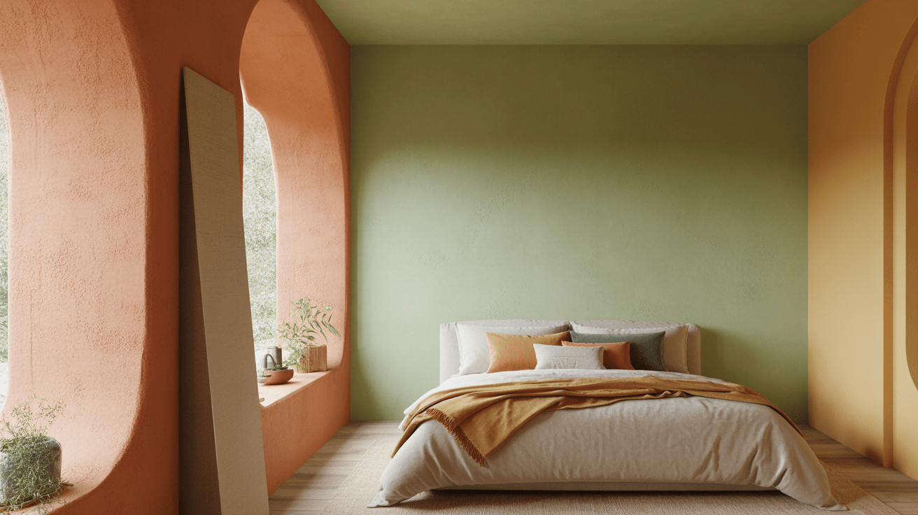 Chambre moderne aux couleurs tendance de 2026, avec murs argile, vert sauge et touches ocre, ambiance réaliste et lumineuse.