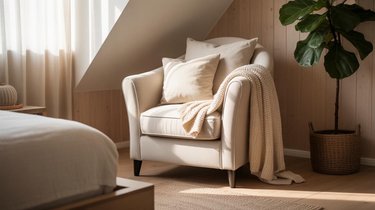 Espace détente avec fauteuil crème et plante verte dans une chambre en bois clair