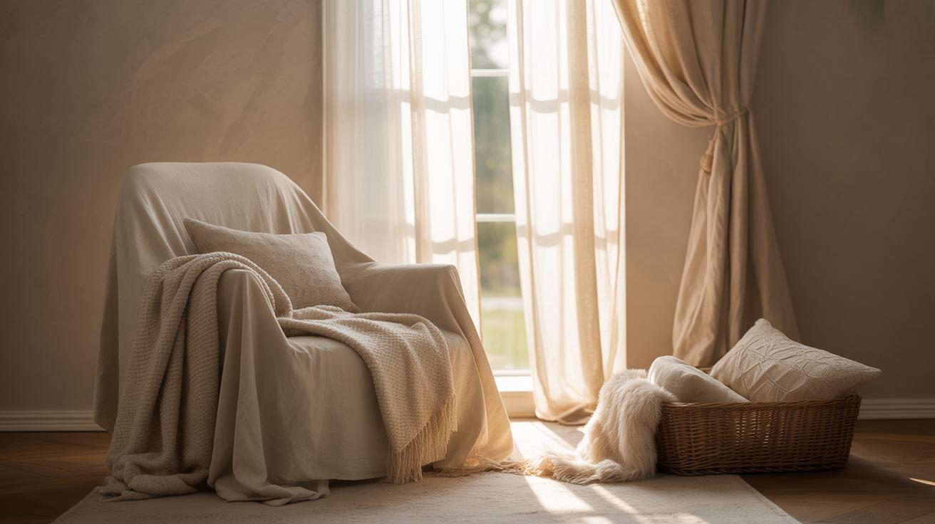 Coin chambre cosy baigné par la lumière dorée de l'après-midi