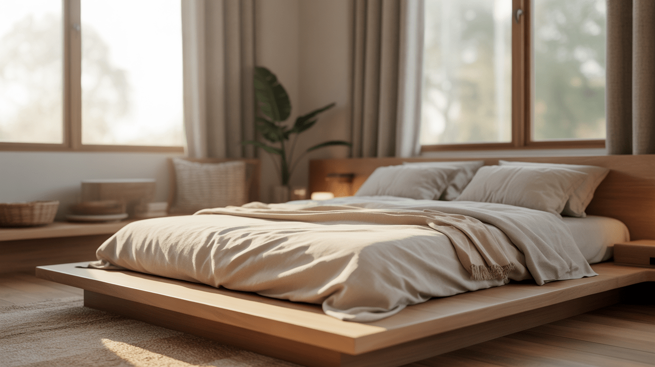 Chambre minimaliste et zen baignée de lumière naturelle avec lit en bois bas, tons neutres et décoration épurée et authentique.