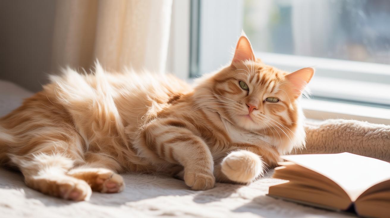 Chat roux endormi sur une couverture crème au soleil