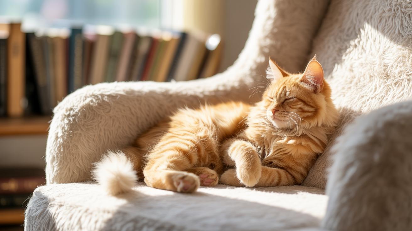 Chat roux dormant sur un fauteuil près d’une bibliothèque