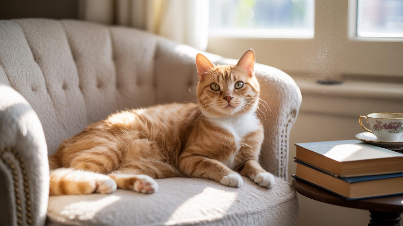 Chat roux et tasse de thé sur fauteuil crème
